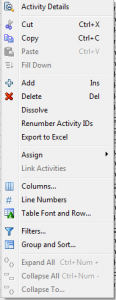 Excel Export from Activity Table Menu